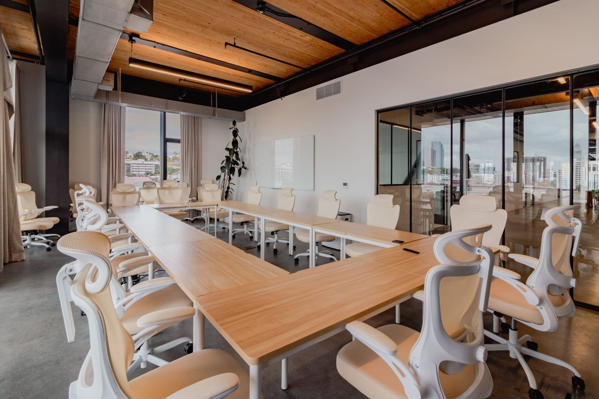 Interior with exposed structure and skylights